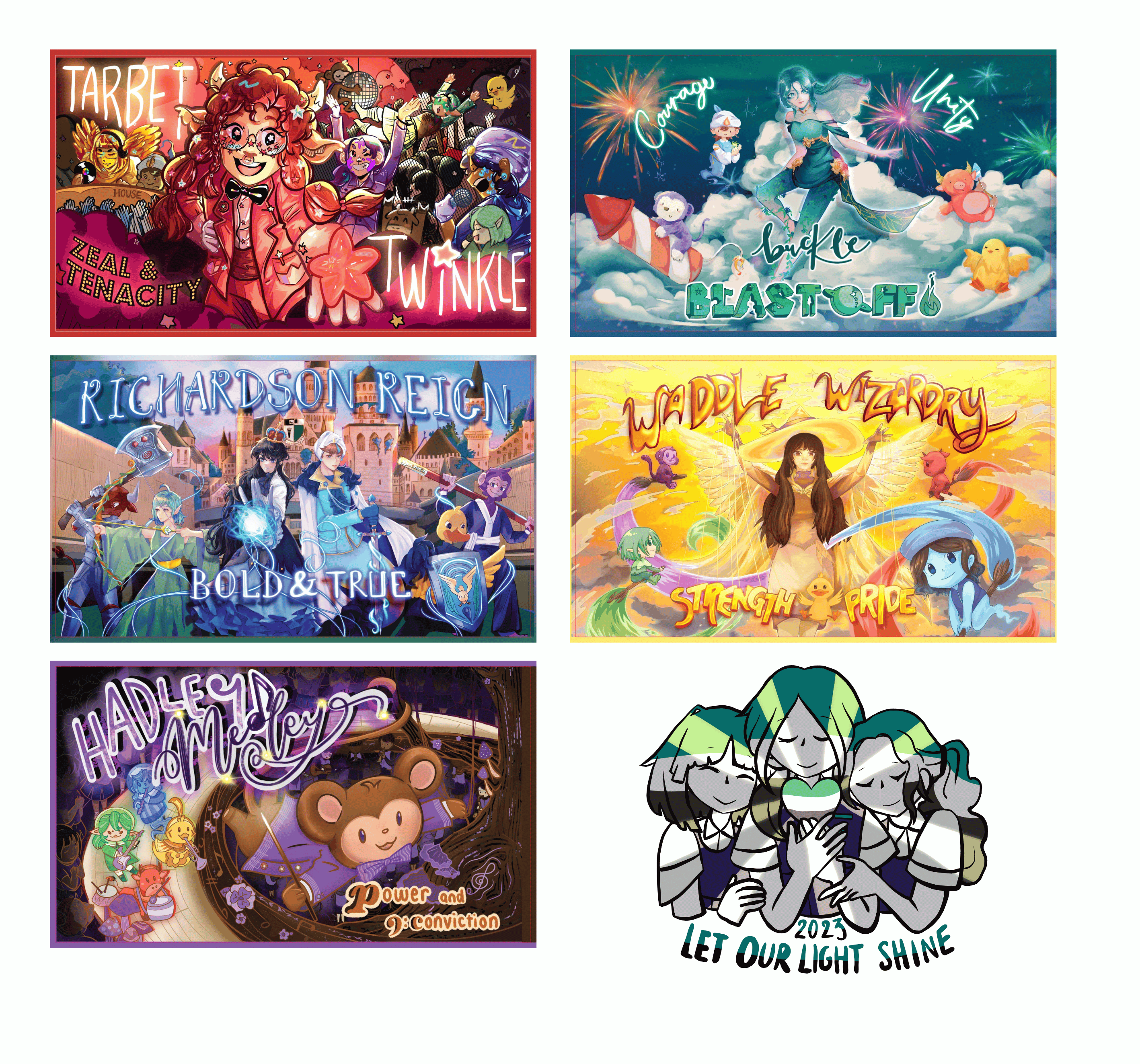 Six colorful anime-style illustrated cards for school houses with titles like Twinkle, Blast Off, and Let Our Light Shine 2023.